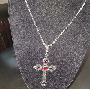 Cross With Red Gem Stones On A Link Chain